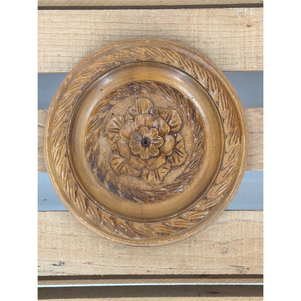 Vintage Hand Carved Wooden Decorative Plate Floral Wheat Relief Folk Art 8.5"